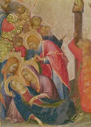 The Strike of the Lance-detalj av gruppen kring Virgin-tempera på panel